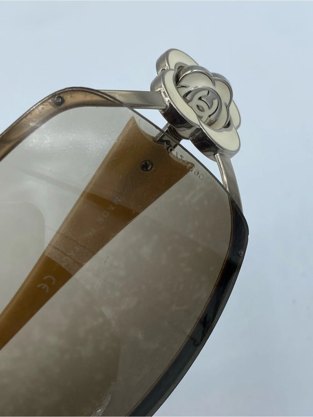 CHANEL Brown Gradient Shield Sunglasses with Gold Camellia Accents